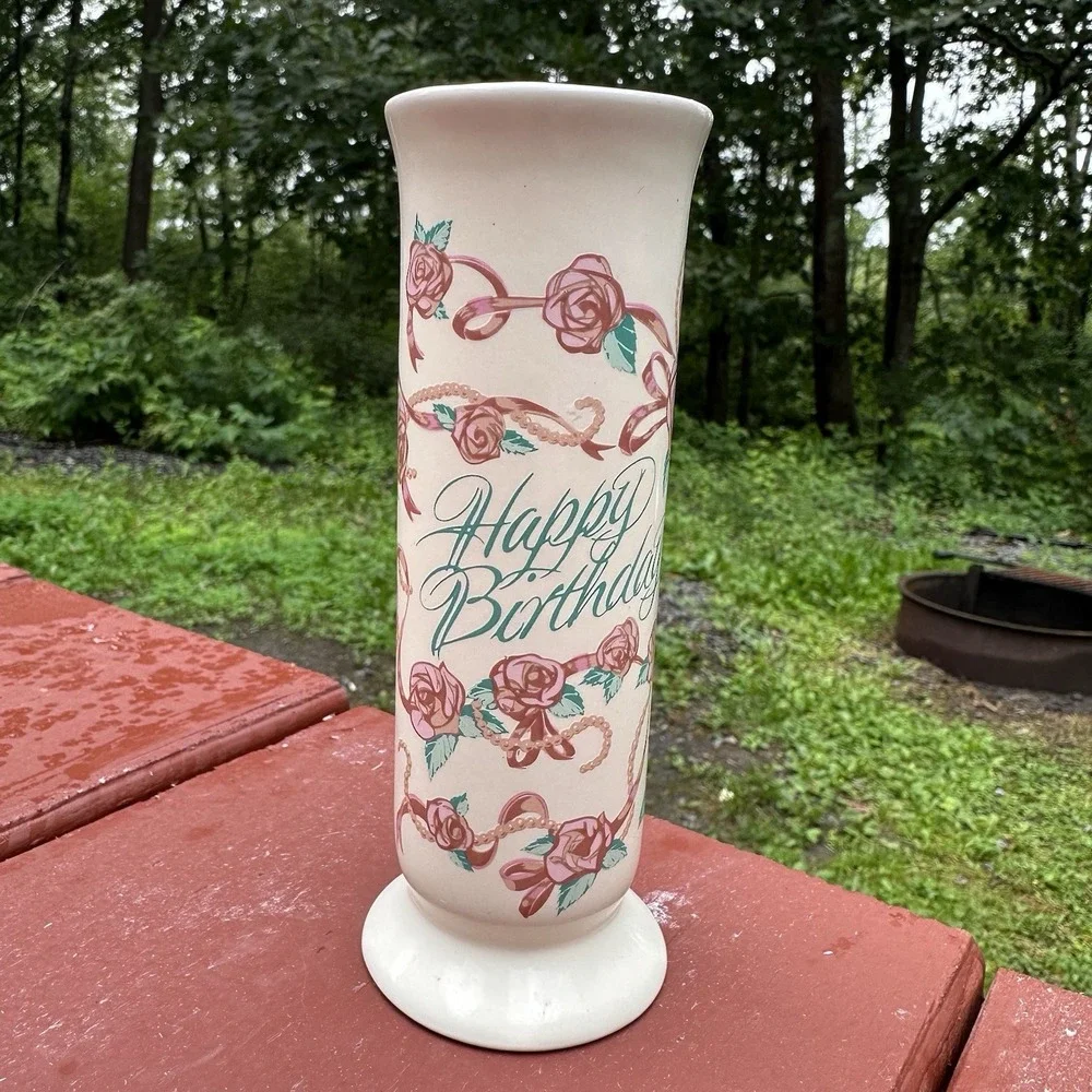 FTD VTG Bud Vase Happy Birthday Cream Off White W/Pink Roses Thailand 6.5